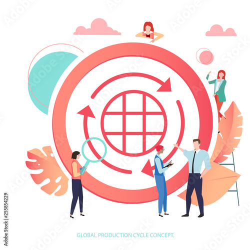 Global production cycle. Coral sign or icon with people, flat style.