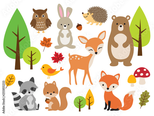 Ilustracja wektorowa uroczych zwierząt leśnych, w tym jelenia, królika, jeża, niedźwiedzia, lisa szopa, ptaka, sowy i wiewiórki
