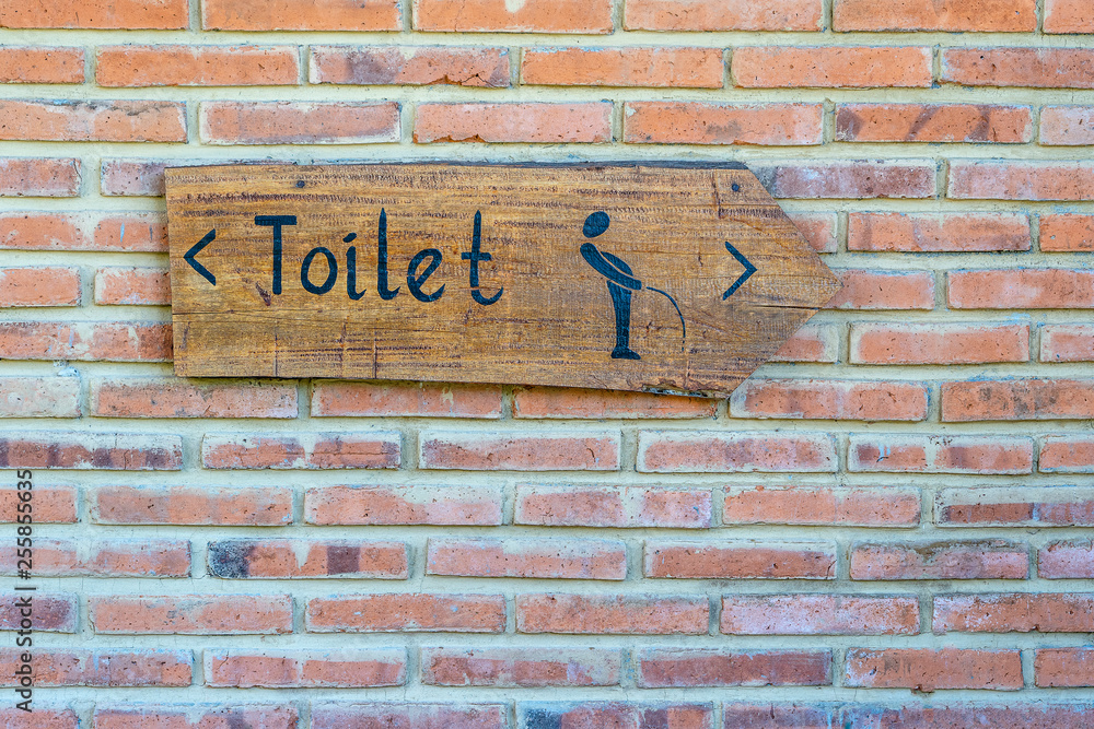 Obraz premium Vertical view of classic simple design handmade wooden sign of toilet give direction to WC , island Bali, Indonesia