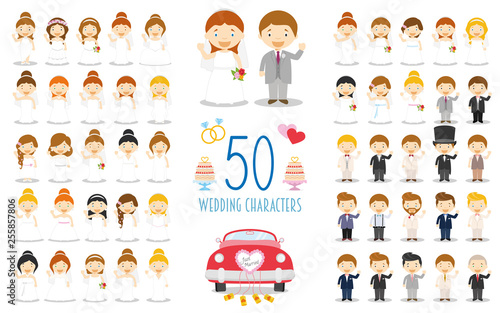Set of 50 wedding characters and nuptial icons in cartoon style