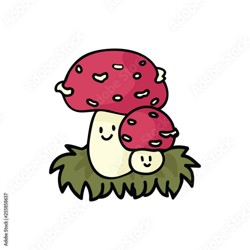 Kawaii fly agaric mushroom cartoon vector illustration motif set. Hand drawn fungi elements clipart for foraging blog, toadstool graphic, woodland web buttons.