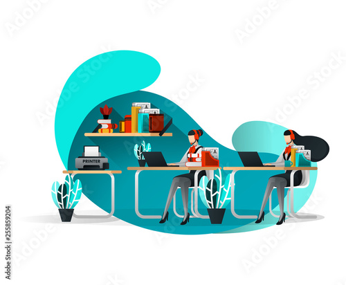 Vector Illustration Concept For Flyer, Template, Poster, Web Element. Support Service Help Assistance Guidance. Technical Support Female Worker with Heaphones From Customer Service. Flat Cartoon Style