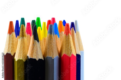 Crayons and pastels lined up. Close up of an assortment colored pencils tips on white background. Background of colorful pencils. Closeup. Selected focus. Copy space