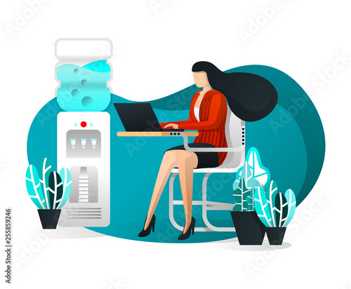 Vector Illustration For Web Page, Element, Banner, Presentation, Poster, UI. Sexy Secretary or Business Woman Working & Sitting At Office Desk with Laptop. Elegant Female Assistant. Flat Cartoon Style