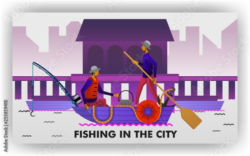 fishermen are fishing on the edge of the port, carrying canoes and traditional fishing gear. can be use for, landing page, website, mobile app, poster, flyer, coupon, gift card, smartphone ,web design
