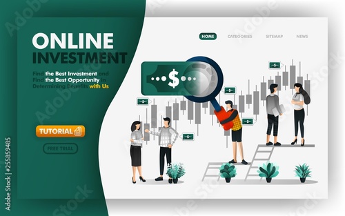 Online investment and banking vector Illustration .men with giant magnifiers will give you advice to determine profitable investments. Can use for website, banner, brochure, flyer, print, mobile, UI.
