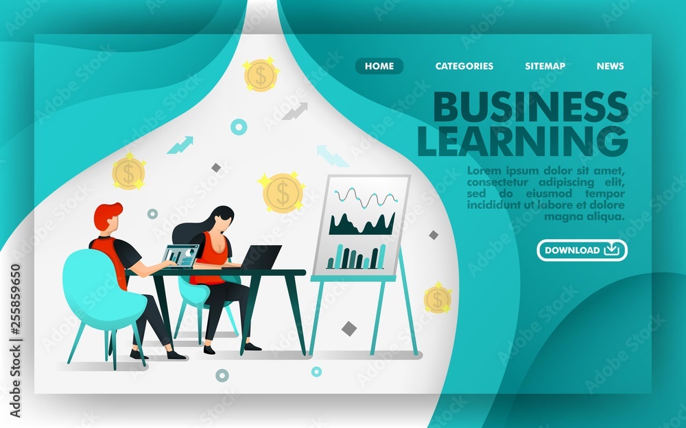 Vector illustration concept. Green Website Banner about business learning, worker learn about chart and sale growth. suitable for mobile apps, print , online, UI, Poster, Page, App. Flat cartoon style
