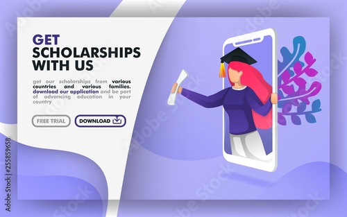 Vector illustration concept. blue website banner about scholarship programs. women with toga come out of the smartphone. suitable for print, online, mobile apps, web, landing page. Flat cartoon style