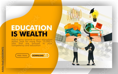 Vector illustration . Yellow and white banner website about education is wealth. Businessman exchanges money and stock into the service in return for knowledge, ideas, books and light bulb. Flat style