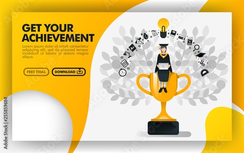 Vector illustration. Yellow website banner about get your achievement. bachelor sit on a trophy carrying a laptop and wearing toga. can use for online, print page, poster, mobile apps, UI. Flat style