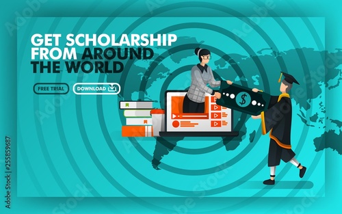Vector illustration. Green website banner about get scholarship from around the world. Bachelor earn money from women coming out of  laptop against the background of world maps and rada. Flat style