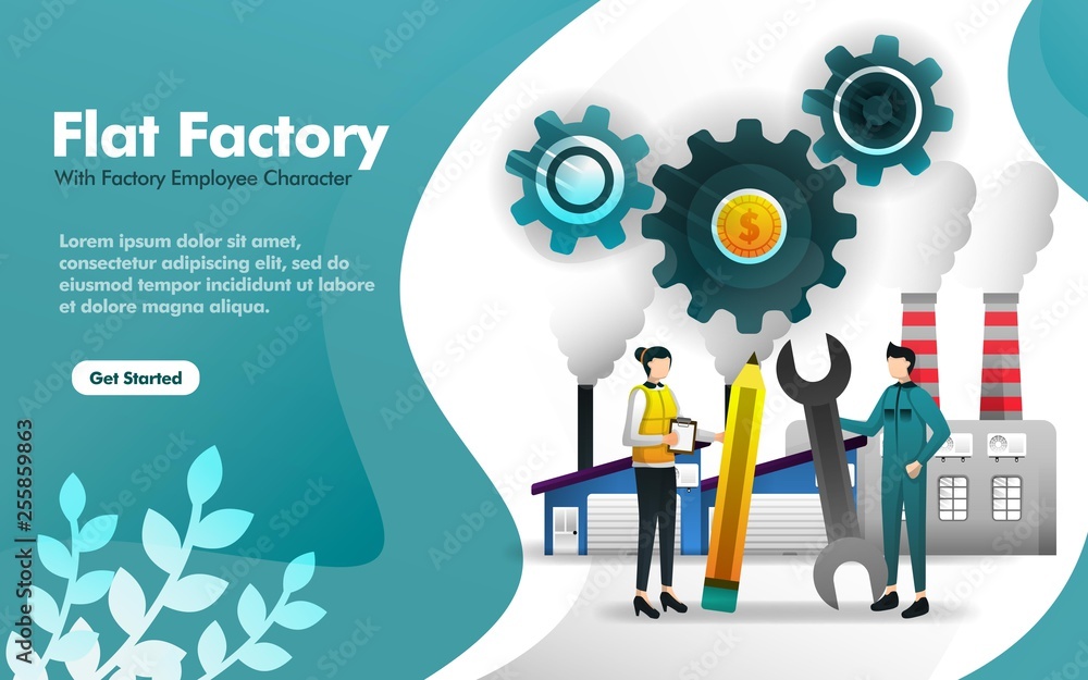 factory worker standing in front of the factory building in flat style. can use for, landing page, web, mobile app, poster, vector illustration, online promotion, internet marketing, finance, trading factory worker standing in front of the factory building in flat style. can use for, landing page, web, mobile app, poster, vector illustration, online promotion, internet marketing, finance, trading