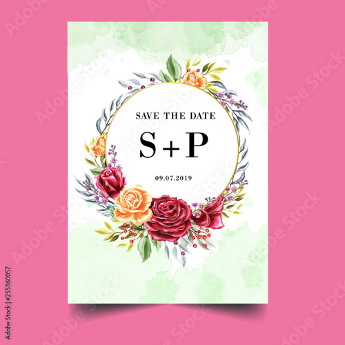 round rose red orange watercolor background, frames, templates wedding invitation