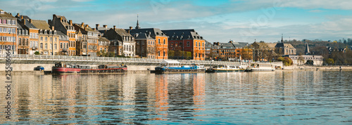 Historic town of Namur with ships along river Meuse, Wallonia, Belgium