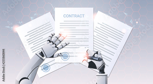 robot hand holding pen signature document signing up contract humanoid sign agreement top angle view artificial intelligence digital futuristic technology concept horizontal