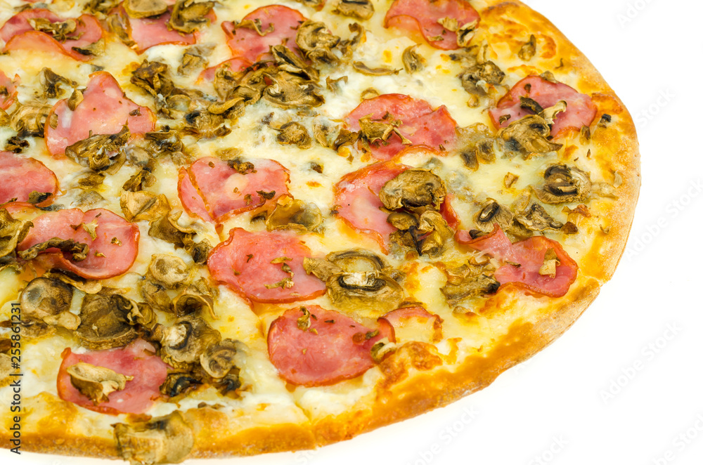 Tasty pizza with ham and mushrooms isolated on white background. Tasty pizza with ham and mushrooms isolated on white background.