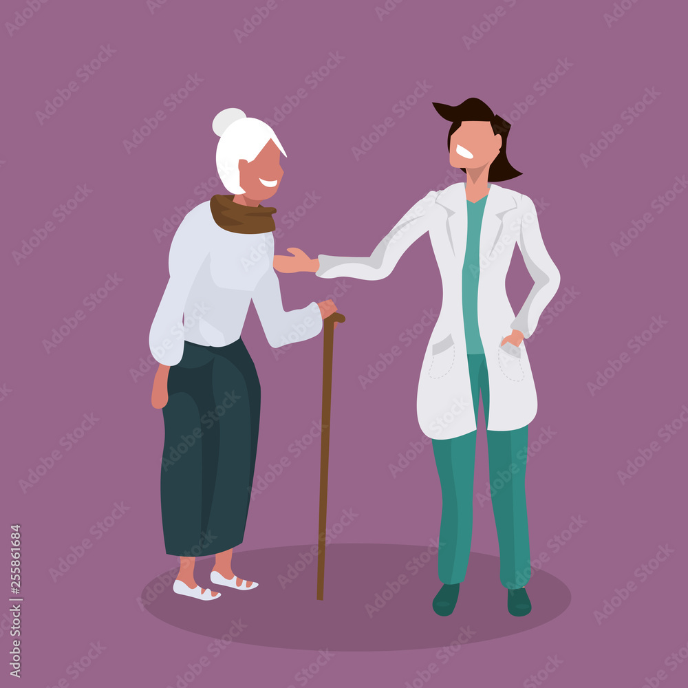 female doctor explaining prescription to senior patient physician supporting elderly woman with walking stick healthcare concept flat full length