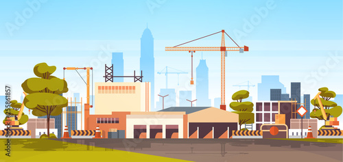 modern city construction site tower cranes building residential buildings cityscape skyline background flat horizontal banner