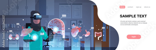 female arab doctor wearing digital glasses touching virtual reality brain human organs infographic anatomy medical vr headset vision concept hospital interior portrait horizontal copy space