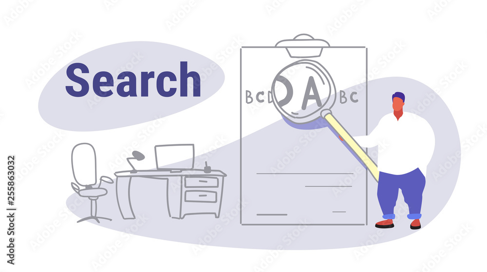 fat obese man holding magnifying zoom glass letter zooming search concept overweight guy with magnifier loupe workplace office interior full length sketch doodle horizontal