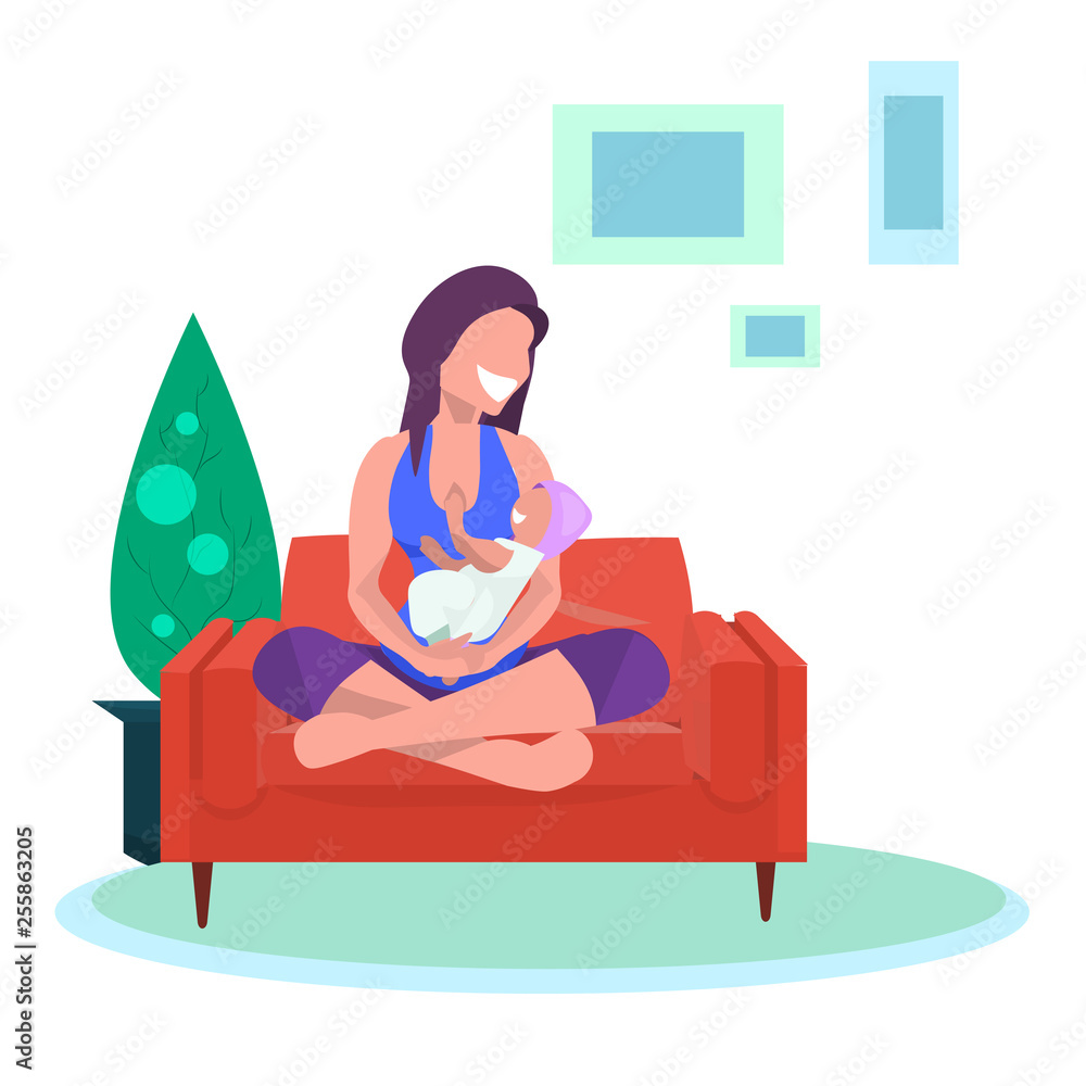 happy woman holding newborn baby mother with kid sitting on couch motherhood concept flat full length living room interior happy woman holding newborn baby mother with kid sitting on couch motherhood concept flat full length living room interior