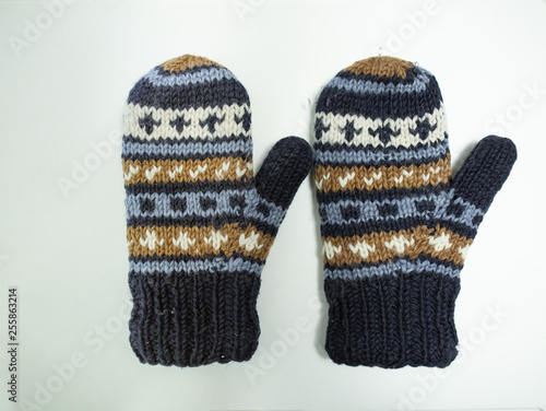 hand knit gloves with blue gold and white pattern