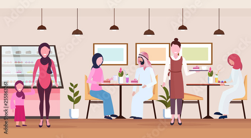 arabic people visitors sitting modern cafe shop waitress serving arab guests wearing traditional clothes bakery cafeteria interior cartoon characters full length flat horizontal
