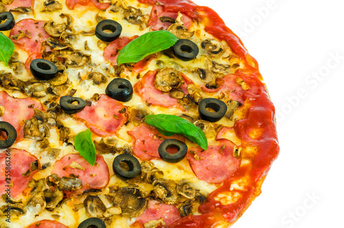 Tasty pizza with ham and mushrooms isolated on white background.