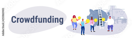 casual people group investment money investor crowdfunding concept businesspeople investing dollar coins piggy bank crowd funding dark background sketch horizontal banner