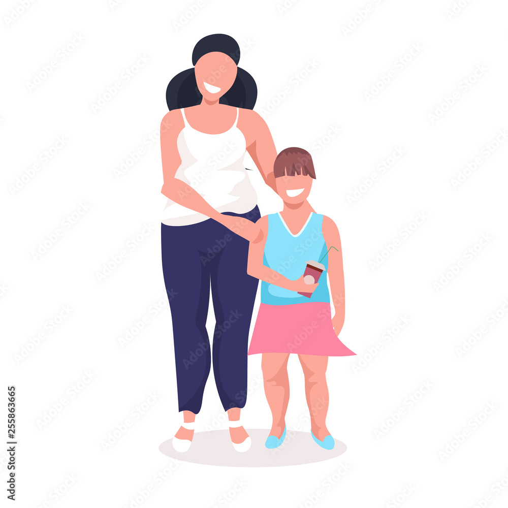 overweight little girl with obese mother fat over size family woman with daughter standing together unhealthy lifestyle concept female cartoon characters full length white background