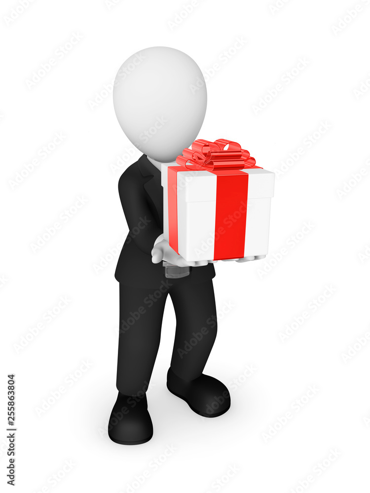 3d businessman in black suite gift box in hands... Surprise! 3d businessman in black suite gift box in hands... Surprise!