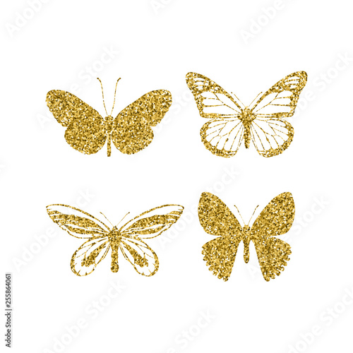 Set gold glitter butterflies. Beautiful spring, summer golden sequins silhouettes on white background. Icons different shapes wings, for fashion, ornaments, tattoo. Vector illustration.