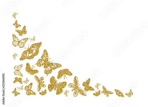 Golden glitter butterfly silhouettes kite texture in corner on white. Elegant butterflies hover theme vector in gold. Cool insect soar backdrop for invitation, fashion, luxury. Vector illustration.