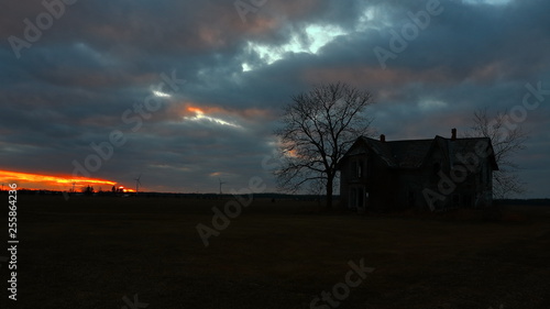 silhouette of tree and old house at sunset