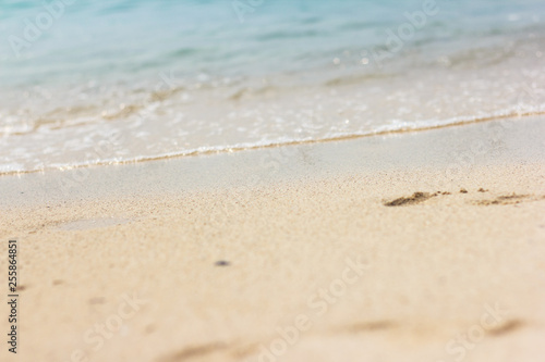 Footprints in the sand. Beautiful sandy tropical beach with sea waves. Footsteps on the shore.
