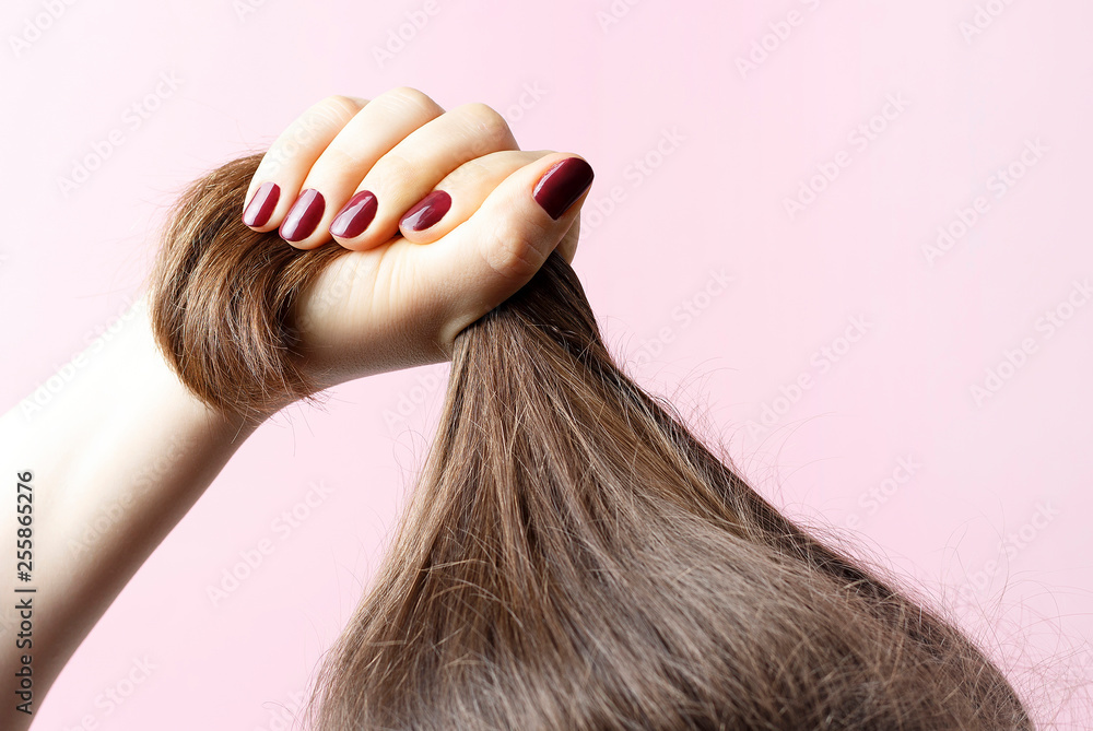 Fototapeta premium Kobiece ręce z czerwonym manicure, trzymając włosy, różowe tło, koncepcja pielęgnacji włosów