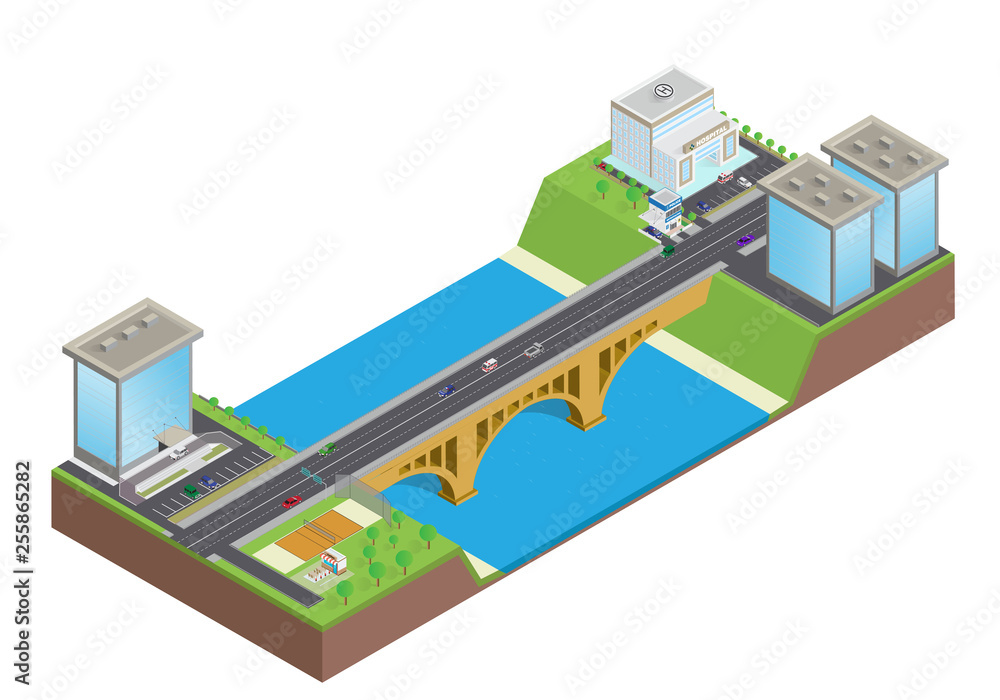 Isometric highway on the bridge over the river