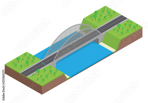 Isometric highway on the bridge over the river