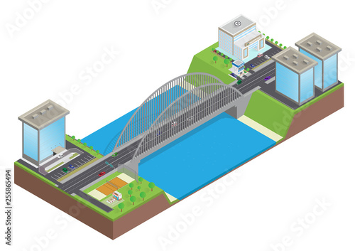 Isometric highway on the bridge over the river