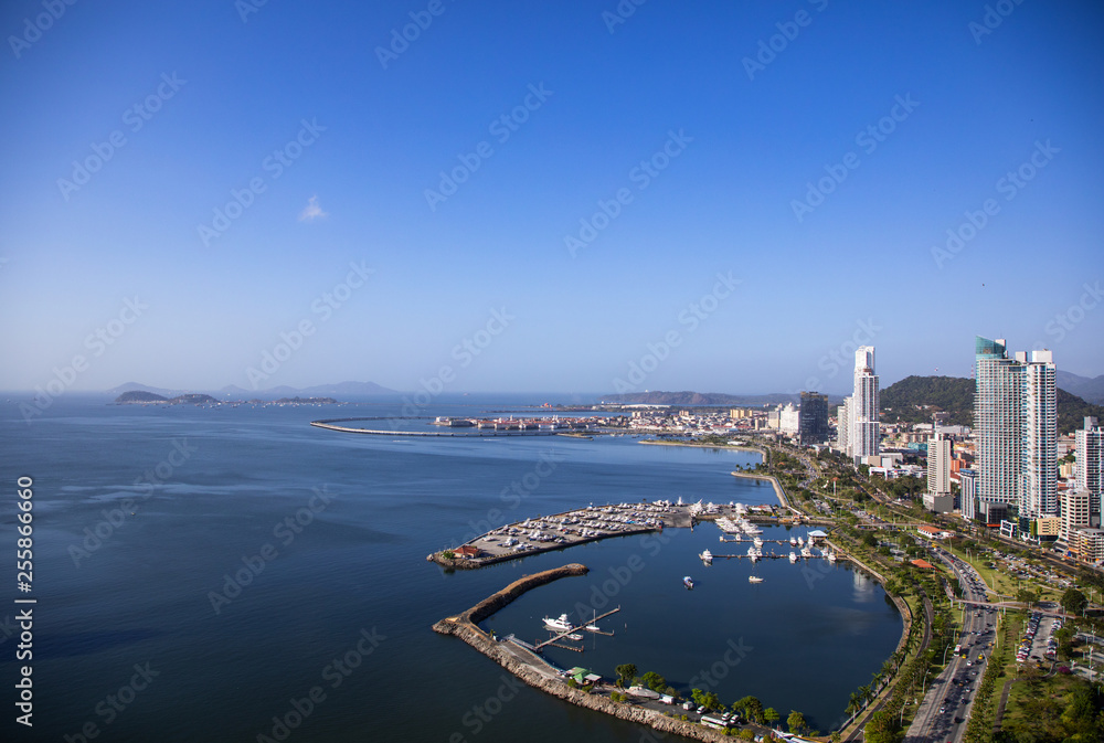 Aerial view from Skyline in panama City/Panama. View to the historical part called Casco Viejo and to the Panama Canal