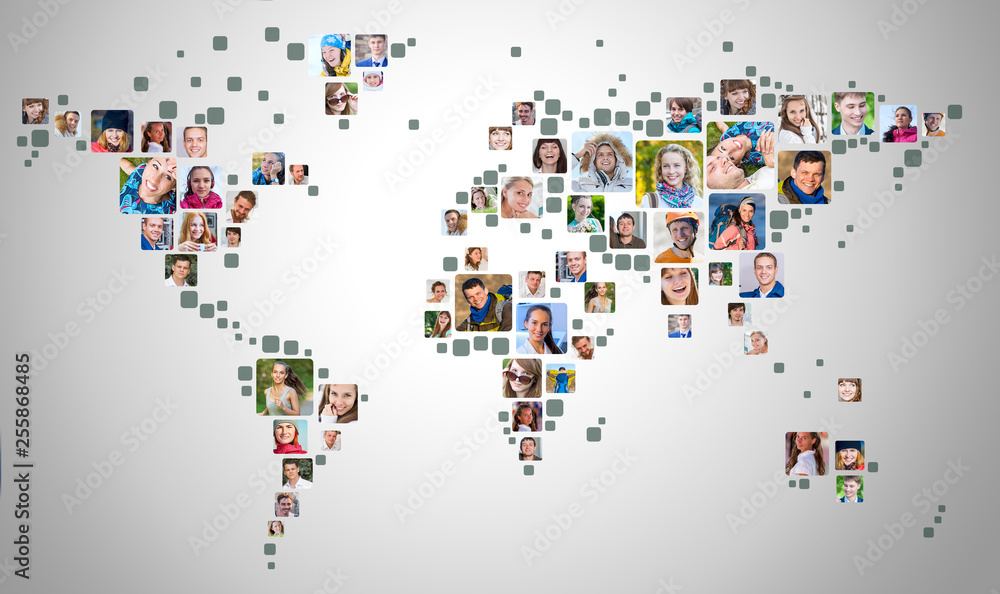 Fototapeta Collection of people portraits placed as world map shape. Global Business Concept