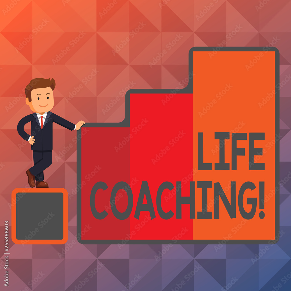 Text sign showing Life Coaching. Business photo showcasing demonstrating employed to help showing attain their goals in career Happy Businessman Presenting Growth and Success in Rising Bar Graph