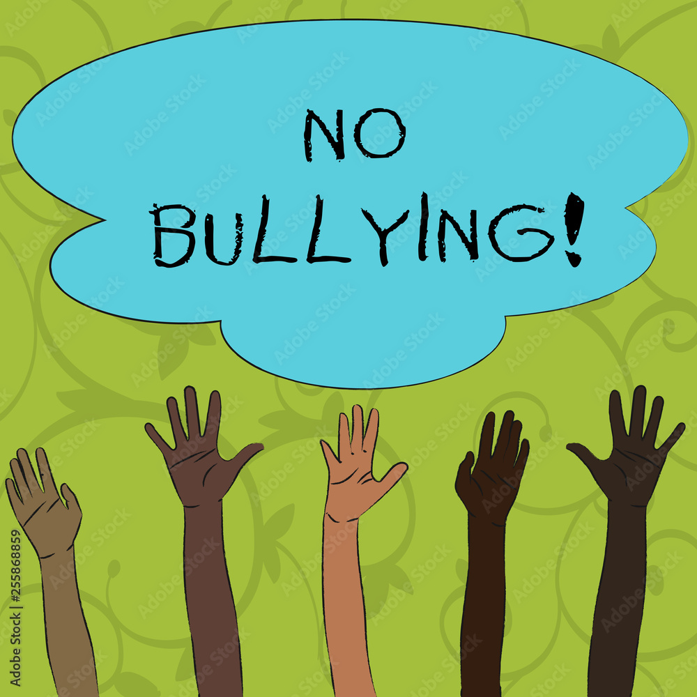 Writing note showing No Bullying. Business concept for stop aggressive behavior among children power imbalance Multiracial Hands Raising Up Reaching for Colorful Big Cloud Writing note showing No Bullying. Business concept for stop aggressive behavior among children power imbalance Multiracial Hands Raising Up Reaching for Colorful Big Cloud
