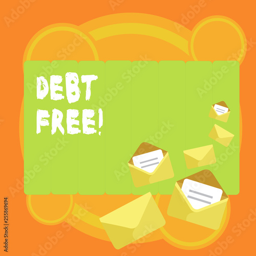 Word writing text Debt Free. Business photo showcasing does not owning any money or things to any individual or companies Closed and Open Envelopes with Letter Tucked In on Top of Color Stationery photo