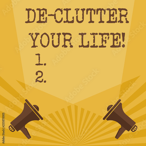 Writing note showing De Clutter Your Life. Business concept for remove unnecessary items untidy or overcrowded places Blank Spotlight Crisscrossing Upward Megaphones on the Floor