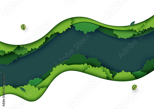 Top view of green forest canopy background.Nature and environment conservation creative idea concept of paper art style.Vector illustration.