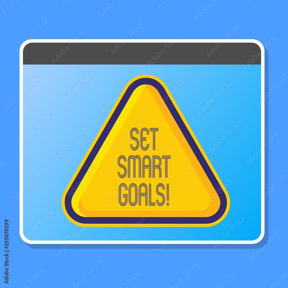 Word writing text Set Smart Goals. Business photo showcasing list to clarify your ideas focus efforts use time wisely Blank Yellow Embossed Triangle with Border as Web Button In Tablet Screen Word writing text Set Smart Goals. Business photo showcasing list to clarify your ideas focus efforts use time wisely Blank Yellow Embossed Triangle with Border as Web Button In Tablet Screen