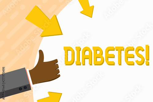 Word writing text Diabetes. Business photo showcasing Chronic disease associated to high levels of sugar glucose in blood Hand Gesturing Thumbs Up and Holding on Blank Space Round Shape with Arrows © Artur