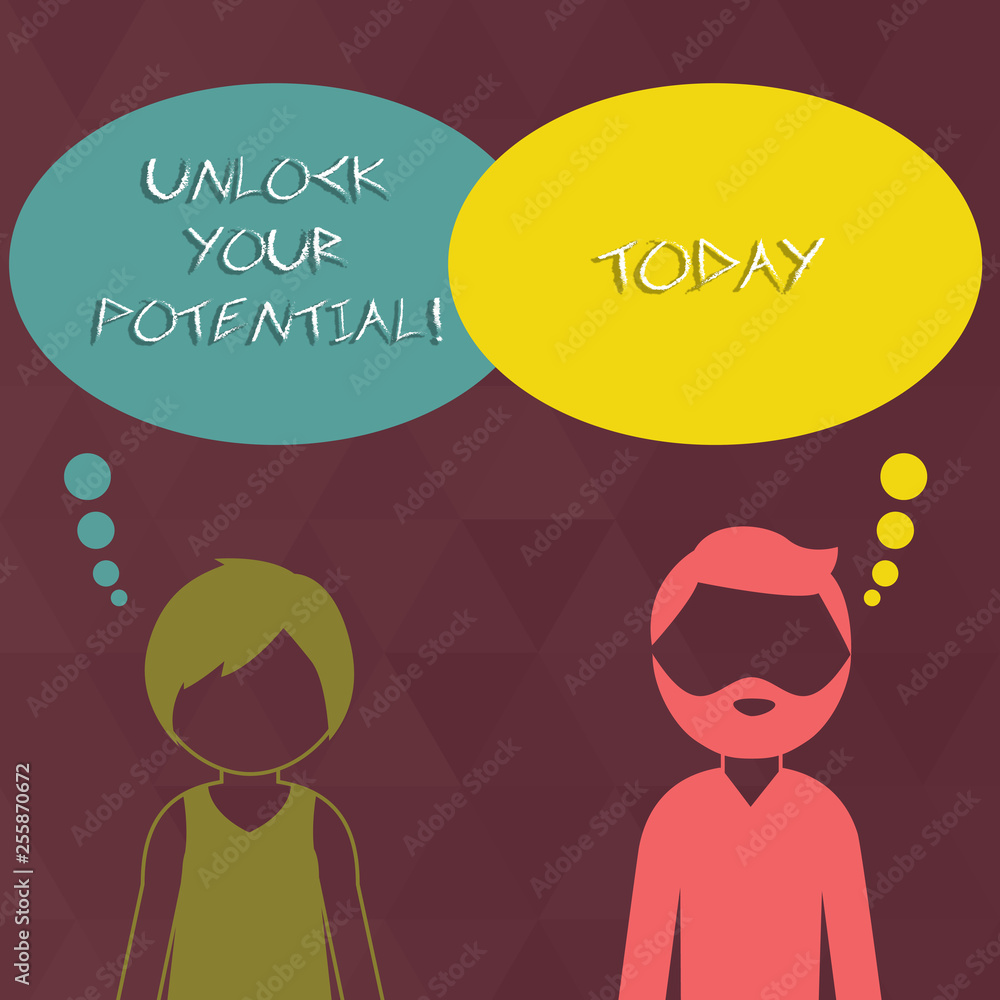 Writing note showing Unlock Your Potential. Business concept for Reveal talent Develop abilities Show demonstratingal skills Bearded Man and Woman with the Blank Colorful Thought Bubble Writing note showing Unlock Your Potential. Business concept for Reveal talent Develop abilities Show demonstratingal skills Bearded Man and Woman with the Blank Colorful Thought Bubble