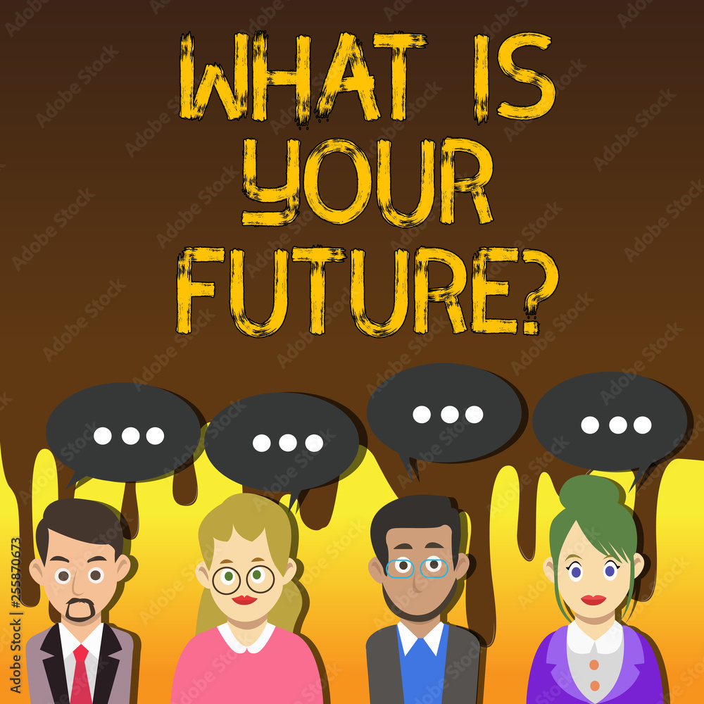Handwriting text writing What Is Your Futurequestion. Conceptual photo Where do you see yourself in the next years Group of Business People with Blank Color Chat Speech Bubble with Three Dots Handwriting text writing What Is Your Futurequestion. Conceptual photo Where do you see yourself in the next years Group of Business People with Blank Color Chat Speech Bubble with Three Dots